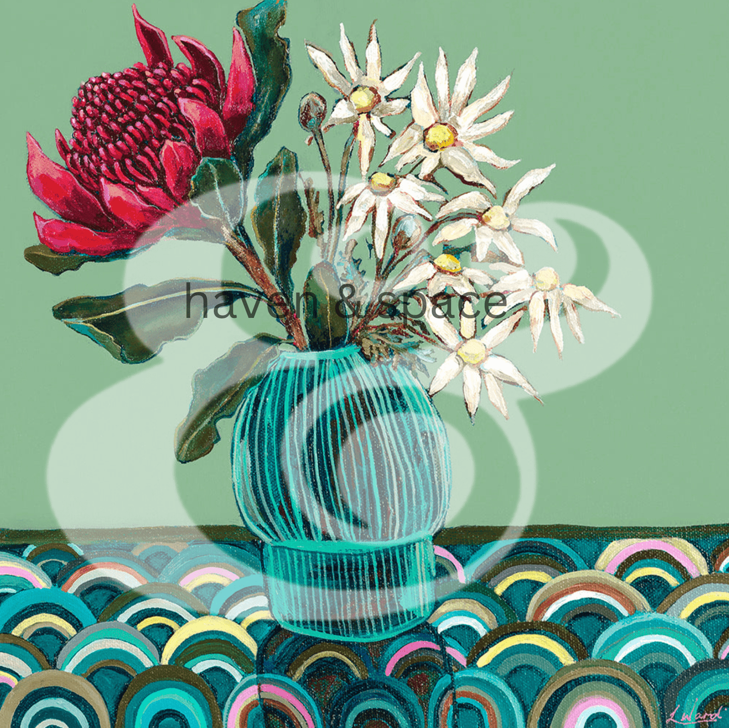 Haven & Space Berry ACCESSORIES 8x8 inches Waratah & Daisies - Lauren Ward Artist