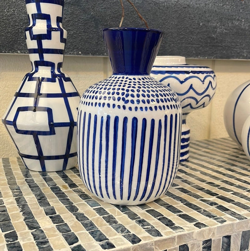Haven & Space Berry vase White and Blue Spotted and Striped Vase